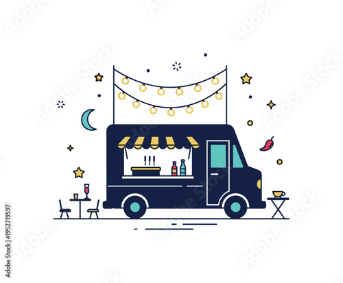 Evening street food nightlife illustrated by a small food truck silhouette with warm string lights above, suggesting bustling night markets and