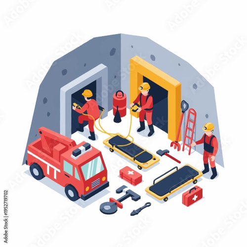 Isometric illustration of a mine rescue team with equipment and a fire truck.