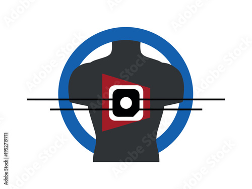 Black and white chest patch sensor simplified into geometric form placed on torso silhouette, bold cobalt blue circle framing upper body, deep red angular