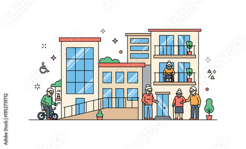 Urban housing with large windows, ramps, and age-friendly balconies, elderly residents interacting safely, small stars and decorative dots highlighting