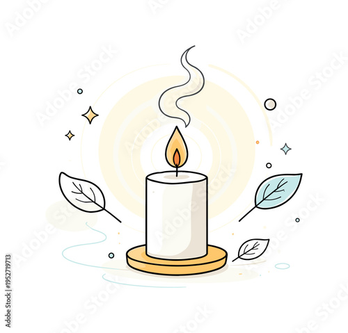 Minimal meditation candle scene. Small flame flickering smoothly, abstract circular glow shapes expanding softly, subtle smoke curl rising upward. Mood of