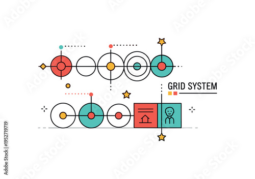 Geometric grid logic illustration combining aligned circles and squares in a tidy modular layout. Small dotted accents and a ?Grid System? caption emphasize