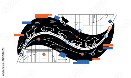 Black and white abstract map composition with simplified animal silhouettes moving along curved paths, structured grid lines and circular markers indicating