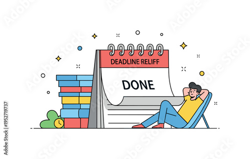 Deadline relief calendar page flipping to Done while a relaxed character leans back in satisfaction. The visual communicates completion, accomplishment and