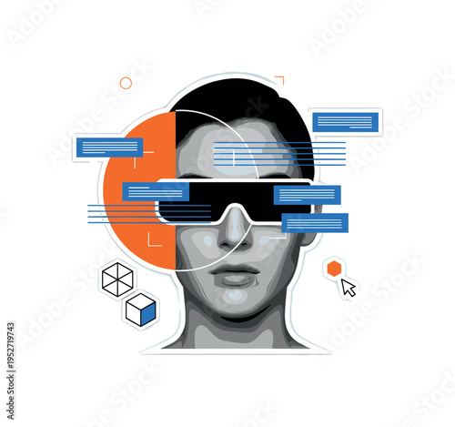 Black and white human face wearing simplified AR glasses, orange semi-circle intersecting the head, blue rectangular data blocks hovering around,