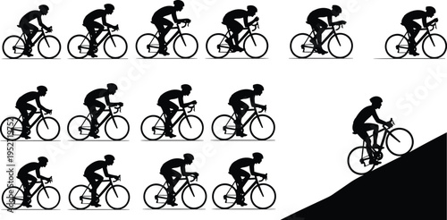 Cyclist silhouette sequence showing pedaling motion and uphill riding isolated on white background, cycling sport, fitness activity, endurance training, bicycle movement concept