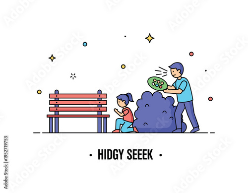 Park hide and seek moment illustrated by a playground bench and bush silhouette with a child crouching quietly while a seeker silhouette looks
