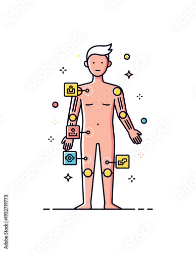 Biohacking enhancement idea illustrated by a human silhouette with small modular upgrade icons near the spine and arm joints, symbolizing customizable physical