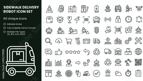 Sidewalk delivery robot line icon set with autonomous courier bots urban logistics and smart transport technology symbols