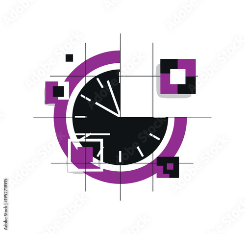 Oversized monochrome clock face without numbers cropped dramatically at the edges, framed by a bold purple circular shape and intersected by thin black grid