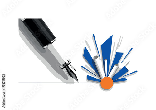 Black and white pen tip touching paper with an abstract burst of shapes emerging, bright orange circle beneath and deep blue angular fragments expanding