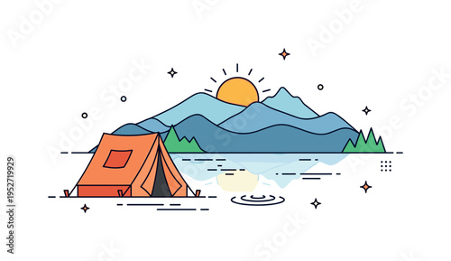 Sunrise camping at alpine lake illustrated by a cozy tent beside a mirrored lake and rising sun behind layered mountains, symbolizing fresh beginnings and