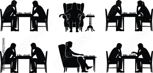 Chess players silhouette set with people playing strategy board game isolated on white background, competition, thinking, intelligence, mind game, leisure activity, intellectual concept