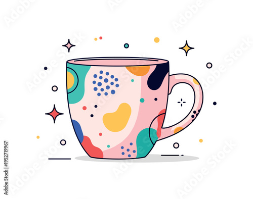 Boho style mug hand painted abstract shapes and dots covering a smooth ceramic surface, expressing individuality and modern handmade aesthetics. A vibrant