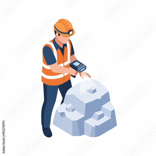 Isometric illustration of a miner inspecting a rock formation.