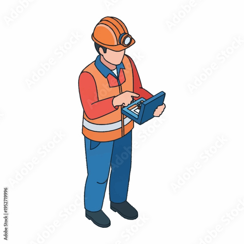 Isometric illustration of a miner in safety gear operating a device.