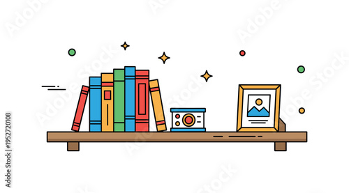 Personal collection display shelf illustrated with varied book heights, a tiny souvenir object, and a framed memory creating narrative depth. The balanced