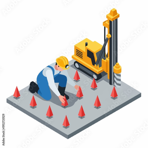 Isometric illustration of a worker setting up safety cones for a drilling operation on a construction site.
