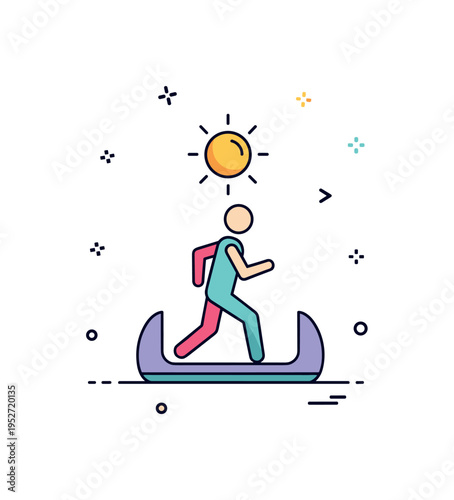 Morning jog in place routine depicted by a small sun icon above a jogging figure, symbolizing fresh start and daily activation. The composition communicates