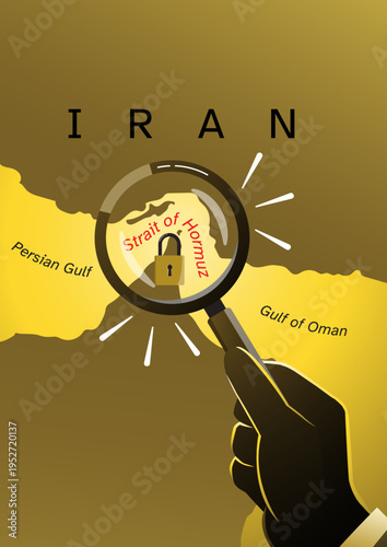 Magnifying Glass Focused on Locked Strait of Hormuz Map