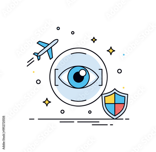 Iris recognition system for airport security featuring a simplified eye within a circular scanning interface, accompanied by a tiny airplane silhouette and