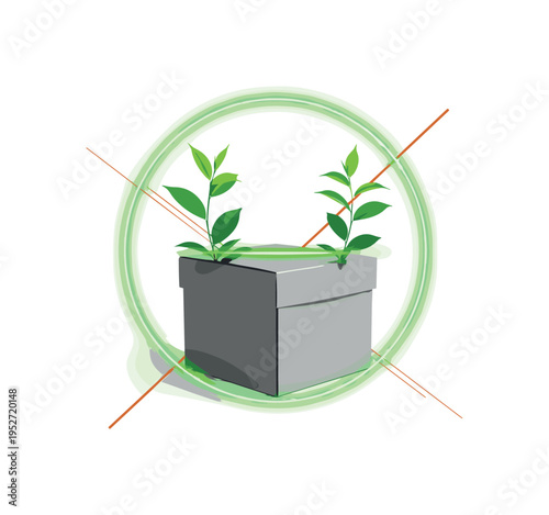 Conceptual sustainability theme featuring a monochrome cardboard box sprouting small leaves, vivid green circular halo emphasizing growth, intersecting orange