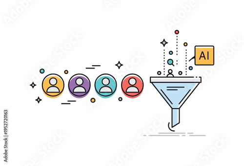 Digital talent pipeline management illustrated by a sequence of small profile icons moving through a funnel shape marked with a subtle AI sign, representing