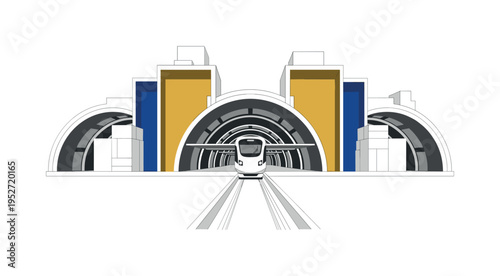 A monochrome futuristic train station rendered with clean geometric blocks and semicircular roof shapes, sleek train centered beneath, flat contrasting color