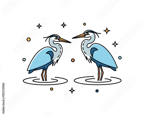 Heron pair by the water depicting two birds facing opposite directions with gentle ripple lines beneath, expressing balance and natural companionship. The