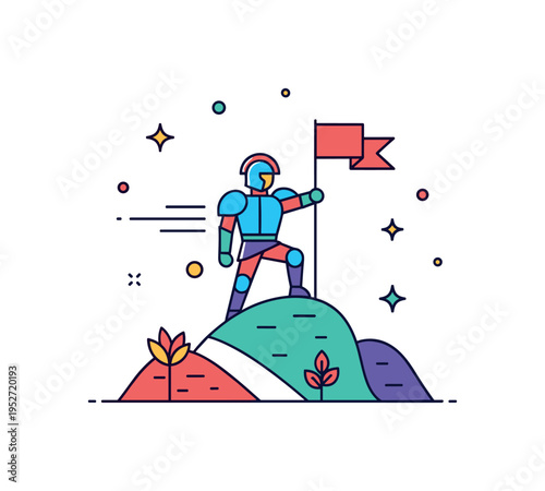 Heroic stance on hilltop illustrated by a simplified armored silhouette holding a flag with gentle wind motion lines, symbolizing bravery and steadfast spirit.