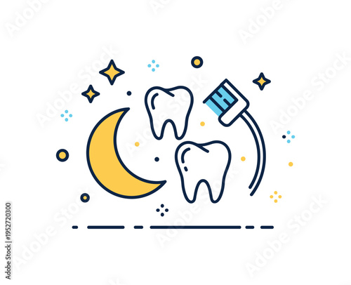 Evening hygiene ritual concept showing a crescent moon icon paired with a tooth and curved floss strand, representing nightly self care and healthy routines.