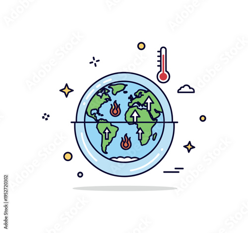Greenhouse gas effect concept featuring a simplified Earth partially enclosed by a transparent atmospheric layer with small heat arrows trapped inside,