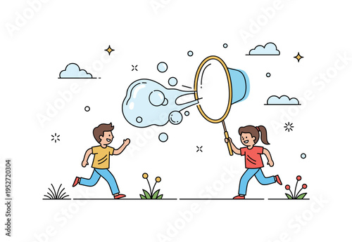 Kids running through bubbles blown from a large bubble wand in a sunny meadow, capturing movement, laughter, and carefree outdoor energy. Minimalist flat
