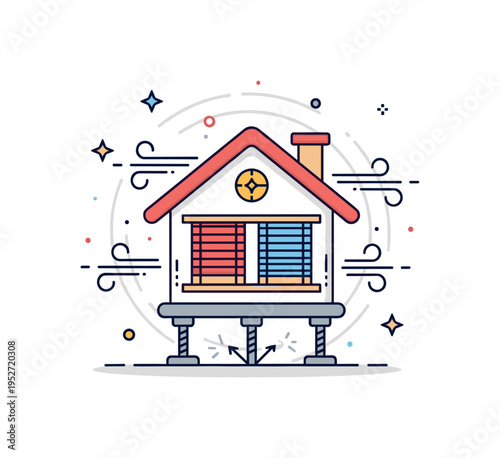 Hurricane resistant home design featuring a simplified house with storm shutters and anchored foundation bolts, surrounded by subtle circular wind lines to