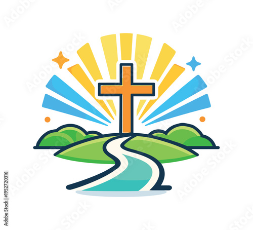 Divine light and spiritual breakthrough shown as radiant light beams shining from behind a cross toward a small path leading forward. The composition conveys