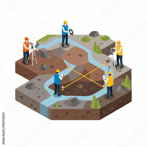 Isometric illustration of land surveyors working on a terrain with a river.