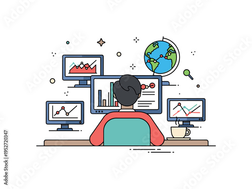 Global trading desk environment portrayed through a minimal desk setup with multiple small screens showing charts, a coffee cup, and subtle globe accent to