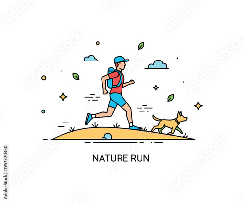 Trail running with dog scene centered on a simple hill line and forward motion posture. Tiny leaf accents and a ?Nature Run? text detail communicate fresh air,