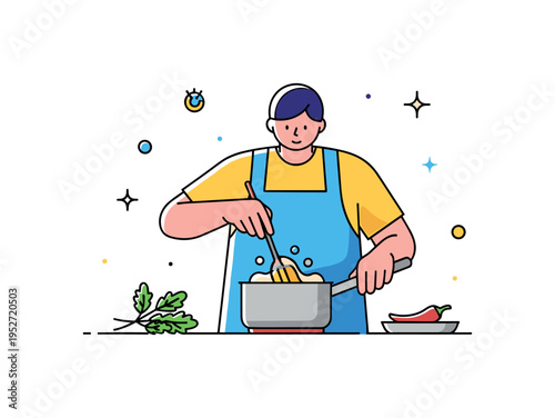 Person stirring a simmering sauce in a small saucepan, with fresh herbs nearby, capturing precision, care, and restaurant-level cooking at home. Minimalist