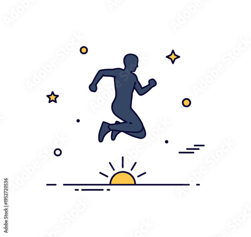 Morning fitness routine concept showing a jumping silhouette beneath a small rising sun icon, symbolizing fresh starts and daily commitment. The balanced