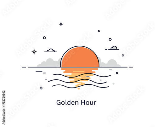 Sunset over ocean calm horizon scene with a large half dipped sun touching a smooth sea line while gentle wave curves reflect warm light, expressing