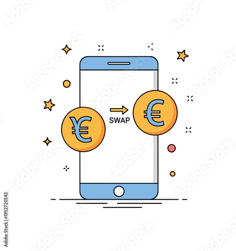 Money conversion app concept centered on a smartphone screen displaying two currency symbols with a swap arrow between them, expressing digital exchange and