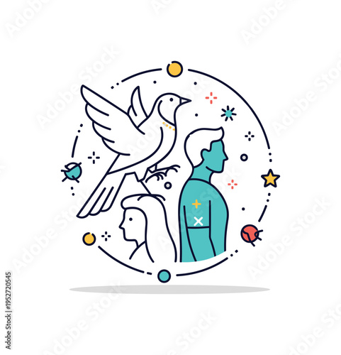 Animal spirit transformation bird and human outlines intertwined within a circular frame suggesting spiritual change. A refined editorial illustration about