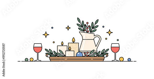 Farmhouse table centerpiece with a wooden tray holding candles, a ceramic pitcher and seasonal greenery, creating a balanced decorative focal point for dining