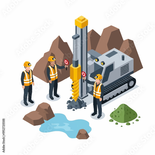 Isometric illustration of miners operating a drilling rig for geological exploration.