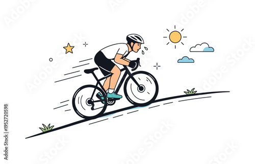 Cyclist climbing a hill during a race. A focused rider pedaling uphill on a simple curved road line, sweat drops and motion marks showing effort and