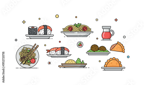 Small plates of world cuisines including sushi, pasta, falafel, and empanadas on a clean surface, tiny abstract decorative dots highlighting international