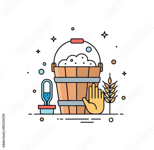 Home brewed beer making process illustrated by a simple fermentation bucket with a small airlock and barley icon beside it, expressing craft tradition and