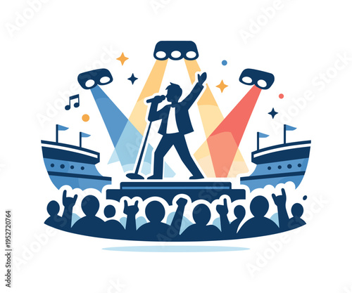 Stadium tour performance showing an iconic vocalist on a large stage platform with dynamic light beams and a stylized crowd silhouette, symbolizing ???????,