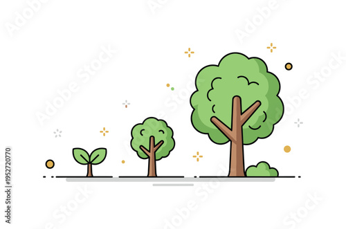 Tree growth stages small sapling transitioning into mature deciduous tree arranged side by side. A clean concept illustration about development and long term